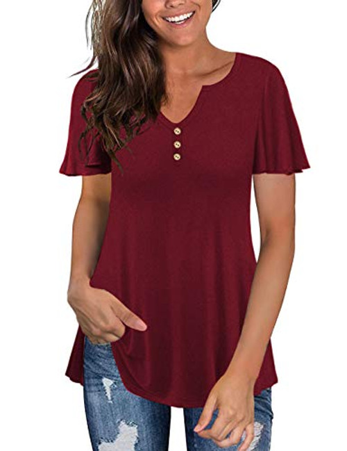 Tralilbee Womens Plus Size Tops Short Sleeve Tunics Henley V Neck Blouses Wine Red 2XL Tralilbee Womens Plus Size Tops Short Sleeve Tunics Henley V Neck Blouses Wine Red 2XL