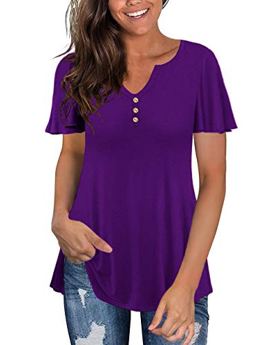 Tralilbee Womens Top Plus Size Short Sleeve V Neck Swing Floral Tunic Blouses Purple 2XL