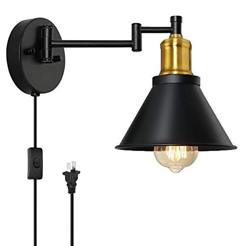 HAITRAL Industrial Swing Arm Wall Sconce- Black Farmhouse Wall Lamp Plug in with Adjustable Arms  and  Brass Finish- Plug-in  and  Hardwired Wall Lamp Fixture Lighting for Bedside- Farmhouse- Kitchen