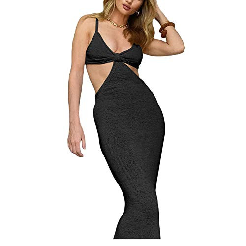 Mieeyali Sexy Knitted Cutout Maxi Dress for Women Y2K Aesthetic Dress Spaghetti Strap Bodycon Beach Dress Black Long Dress-A-Black-Medium-