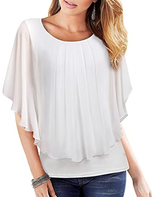 Timeson Blouses for Women Business Casual-Long Ladies Dressy Tops Womens Flare Short Sleeve Chiffon Tunics Tops for Leggings Polyester Summer Blouse Women White Dress Shirts Layers Office Work Poncho