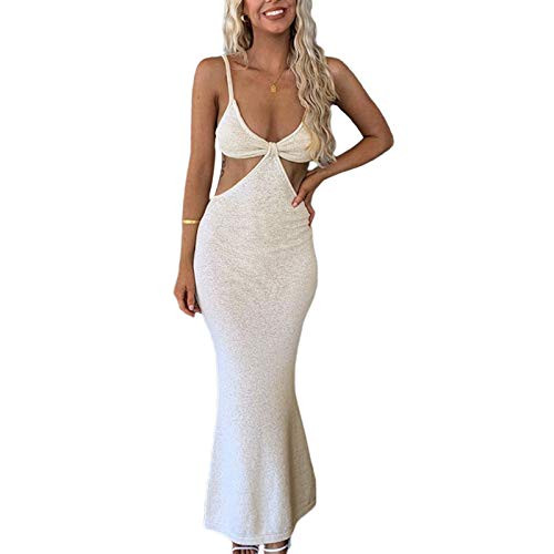 Mieeyali Sexy Knitted Cutout Maxi Dress for Women Y2K Aesthetic Dress Spaghetti Strap Bodycon Beach Dress White Long Dress-White1-Small-