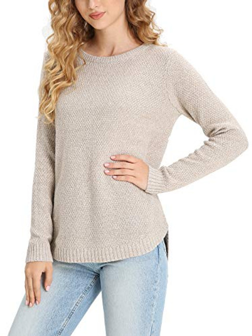 Women Pullover Sweater Crew Neck Long Sleeve Lightweight Knit Sweaters Solid Casual Jumper Tops -Oatmeal- Large-