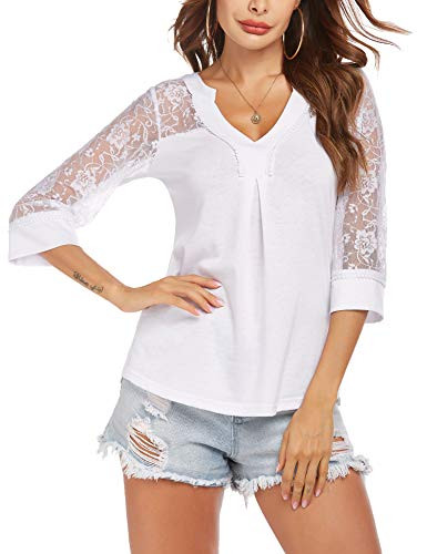 SoTeer Women Lace V Neck Top Fitted Casual Short Sleeve Blouse White