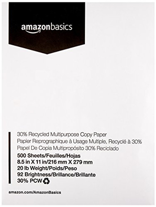 AmazonBasics 100% Recycled Multipurpose Copy Paper - 92 Bright, 20 lbs, 8.5 x 11 Inches, 1 Ream (500 Sheets)