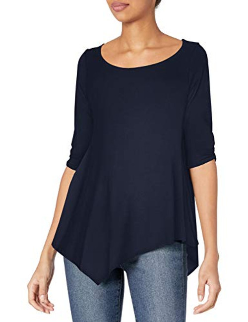 Star Vixen Plus Size Women's Hanky Hem Top- Elbow Sleeve with Cinch Detail- Navy- 2X