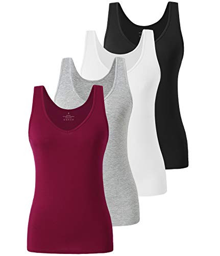 Xelky Womens 4 Pack Tank Tops V Neck Undershirt Lightweight Plain Sleeveless Shirts Stretch Basic Wide Strap Tanks Black/White/Gray/Wine Red L