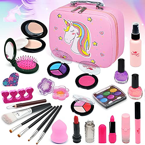 Kids Washable Makeup kit Girls - Real Cosmetic Toy Little Girl - Toddler  and  Non-Toxic Make Up Set - Children Vanities Dress Up-Child Princess Play pretend Birthday Gift-Age 3 4 5 6 7 8 Year Old