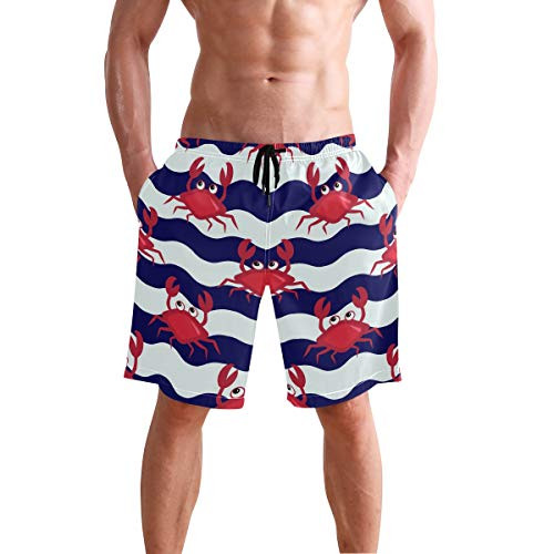 Mens Beach Boardshorts Blue White Wave Stripes Red Crabs Trunks