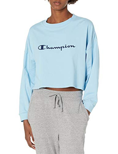 Champion Women's Sleep Cropped Tee- Script Logo- Candid Blue/Navy- Medium