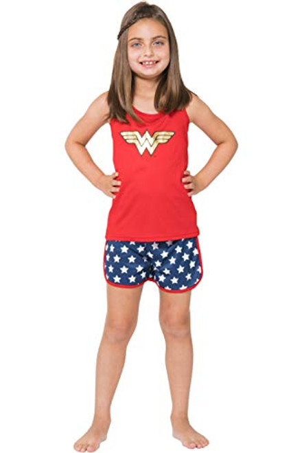 Wonder Woman Big Girls' Wonder Woman Sporty Mesh Pajama Short Set- Red- 10/12