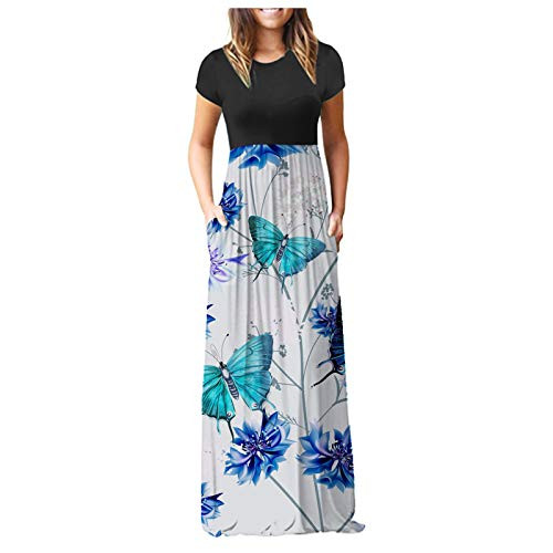 LightClouds Dress for Women Summer Casual Plus Size Short Sleeve O-Neck Flower Print Stitching Maxi Dress with Pockets White LightClouds Dress for Women Summer Casual Plus Size Short Sleeve O-Neck Flower Print Stitching Maxi Dress with Pockets White