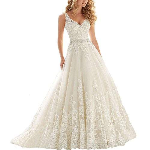 Women's V-Neck Lace Applique Long Train Wedding Dress A-line Bridal Gowns White Evening Dress-Ivory-