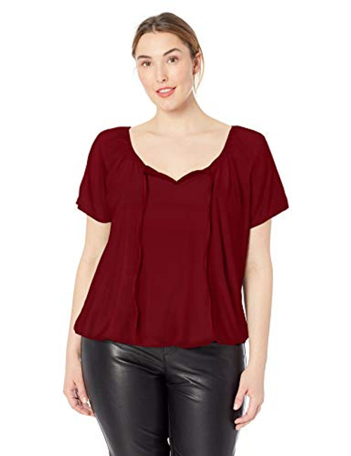 Star Vixen Women's Plus-Size Slit SLV Keyhole-Tie Knit Peasant w Bubble Hem Top- Burgundy- 2X