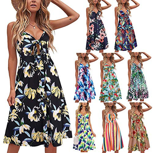 Womens Summer Casual Floral Sundress V Neck Tie Front Spaghetti Strap Dresses with Pockets Yellow