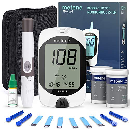 Blood Glucose Monitor Kit- 100 Glucometer Strips- 100 Lancets- 1 Blood Sugar Monitor- metene TD-4116 Blood Sugar Test Kit with Lancing Device and Control Solution- No Coding Blood Glucose Monitor Kit- 100 Glucometer Strips- 100 Lancets- 1 Blood Sugar Monitor- metene TD-4116 Blood Sugar Test Kit with Lancing Device and Control Solution- No Coding