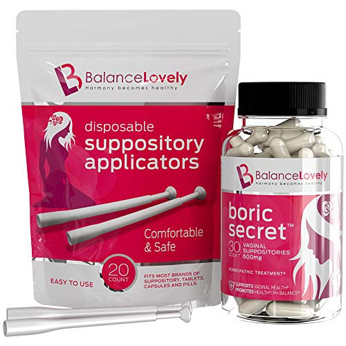 Boric Acid Suppositories with applicators -100 percent Pure Boric Acid -600mg in Vegan Capsules- Supports Feminine Hygiene  and  Vaginal pH - Balances and Promotes Vaginal Health