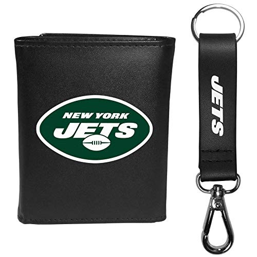 Siskiyou Sports NFL New York Jets Mens Tri-fold Wallet  and  Strap Key Chain- Black- One Size