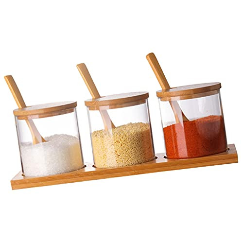 FRCOLOR 1 Set Condiment Container Seasoning Box Set Glass Condiment Canisters Pots with Wooden Spoons Lids and Base Spice Jars Bottles Empty Seasoning Containers for Condiment Spice Herbs