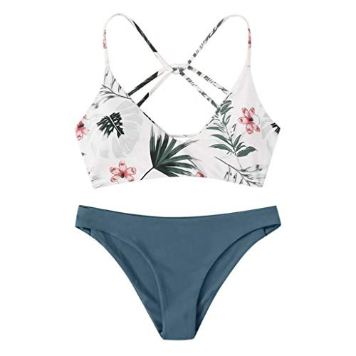 Stoota High Cut Floral Print Swimsuits for Women- Two Piece Bathing Suit Top with High Waist Bottom Bikini Set Beachwear Blue