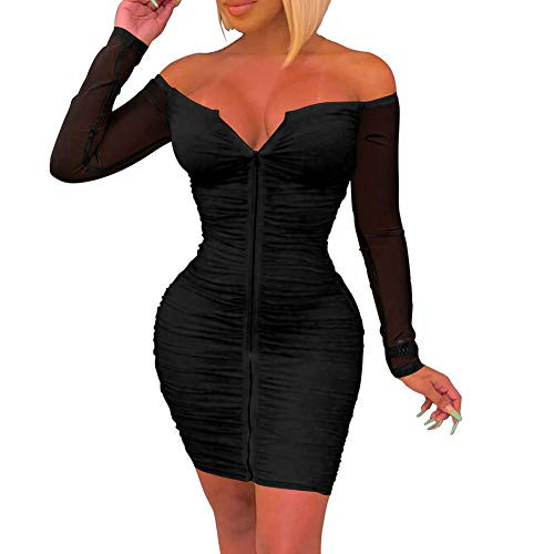ECHOINE Women's Sexy Off Shoulder Zipper V Neck Stretch Mesh Long Sleeve Ruched Bodycon Party Mini Dress Black S