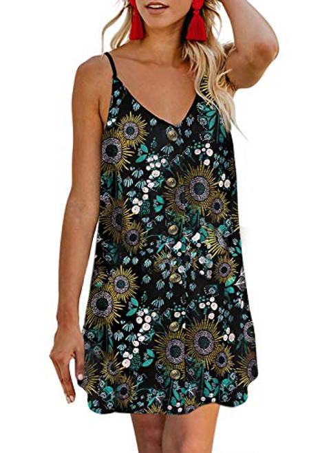 AlvaQ Womens Fashion Casual Summer Ladies Boho Flower Print Spaghetti Strap Sleeveless Button Down V Neck A Line Swing Skater Mini Dresses Plus Size 1X