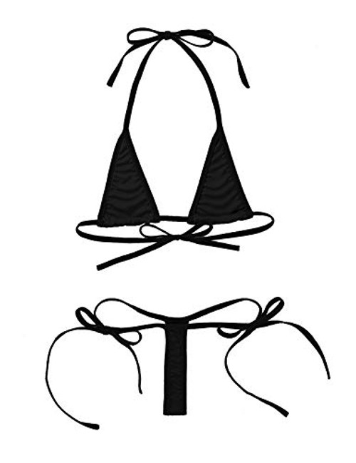 MSemis Woman Extreme Micro Bikini Thong Swimsuit Halter Bra Top Tie Side Mini G-String Lingerie Set Black One Size