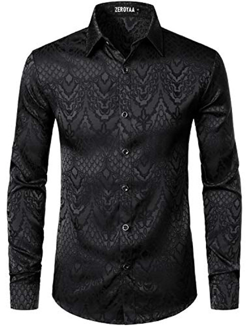 ZEROYAA Men's Hipster Slim Fit Long Sleeve Gothic Jacquard Button Up Dress Shirts for Party Prom ZLCL32-Black XX-Large