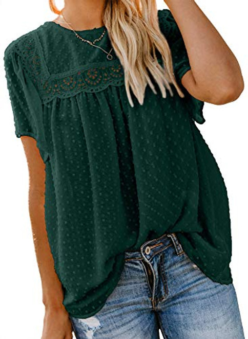 AlvaQ Women's Green Chiffon Blouses Boho Shirts Summer Short Sleeve Lace Insert Swiss Dot Pom Pom Swing Babydoll Tops Medium AlvaQ Women's Green Chiffon Blouses Boho Shirts Summer Short Sleeve Lace Insert Swiss Dot Pom Pom Swing Babydoll Tops Medium