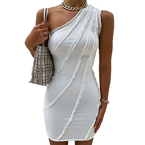 Women Sexy Bodycon One Shoulder Dress Sleeveless Ruched Patchwork Mini Club Dresses-White-M-