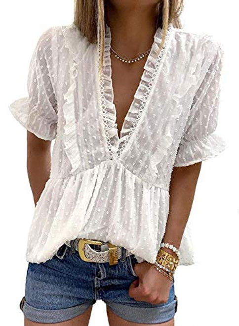 AlvaQ Short Sleeve Blouse for Women Summer Ruffle Short Sleeve Tops V Neck Pom Pom Swiss Dot Shirts Plus Size White 1x AlvaQ Short Sleeve Blouse for Women Summer Ruffle Short Sleeve Tops V Neck Pom Pom Swiss Dot Shirts Plus Size White 1x