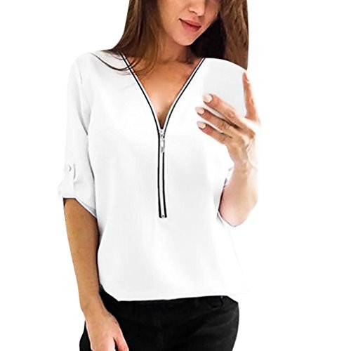 CUCUHAM Womens Casual Tops Shirt Ladies V Neck Zipper Loose T-Shirt Blouse Tee Top -S- White-