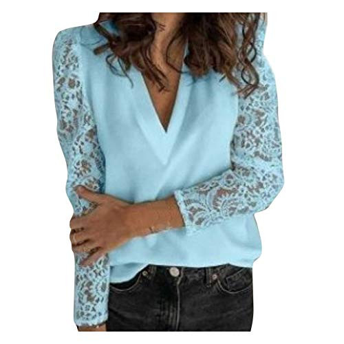 Womens Tops- Womens Long Sleeve Tops V Neck Lace Crochet Flowy Bell Sleeve Button Down Casual T Shirts Blouses Blue