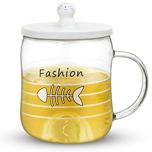 Notrefly Cute Cat Mug Funny High Borosilicate Glass Coffee Mug With 3D Ceramic Kitty Lid,Novelty Cat Tea Cup Gift For Crazy Cat Lady Lovers Women And Girls,12 oz