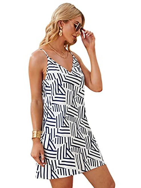 Floerns Women's Floral Print Spaghetti Strap V Neck Low Back Cami Short Dress Blue and White XS