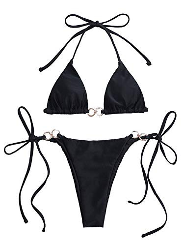 SheIn Women's Halter Triangle Bra Swimsuit with Tie Side Panty Bikini Set Black Small