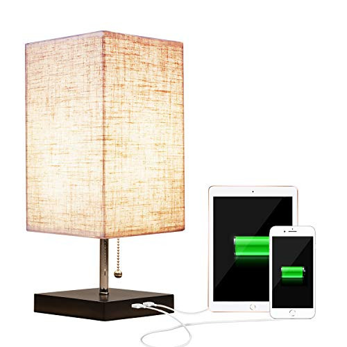 Siljoy USB Bedside Table Lamp, Modern Desk Lamp with Dual USB Charging Ports, Nightstand Lamp with Unique Fabric Shade and Black Charger Base, Ambient Light for Bedroom, Living Room, Office