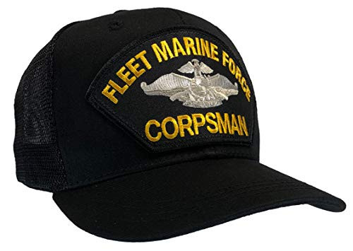 Hawkins Military MESH Back Trucker Black US Navy Fleet Marine Force FMF Corpsman War Insignia Hat