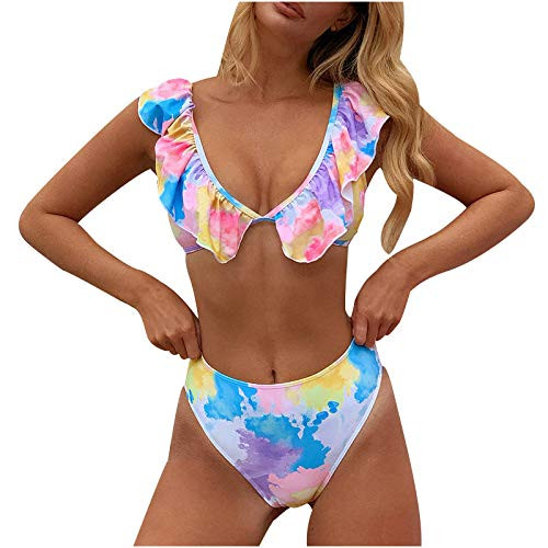 Womens Two Piece Swimsuits Split Bikini Set Tie-Dye Padded Push Up Sexy Beachwear Swimwear Bathing Suit Swimjupmsuit -Multicolor- L-