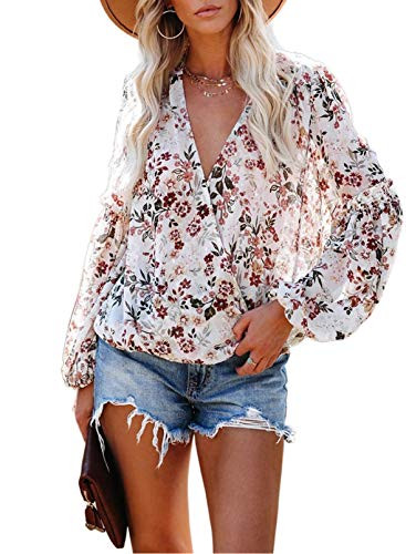 AlvaQ Womens Tops Autumn Casual Floral Print Loose Tops Balloon Long Sleeve V Neck Blouses Tops Shirts for Womens Multicolor 2X