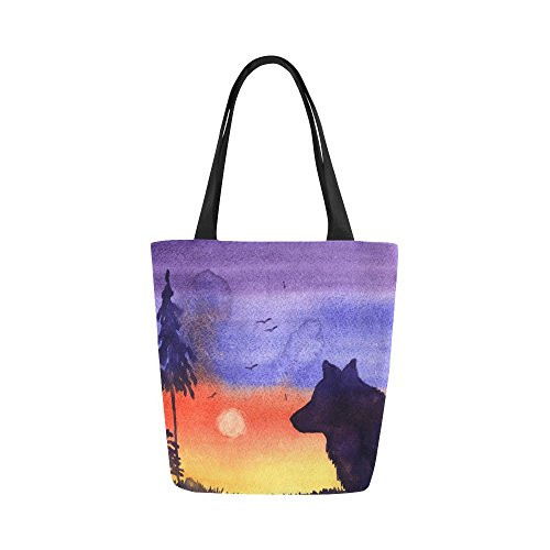 Watercolor Tree Wolf Canvas Tote Bag Handbag Purse for Women