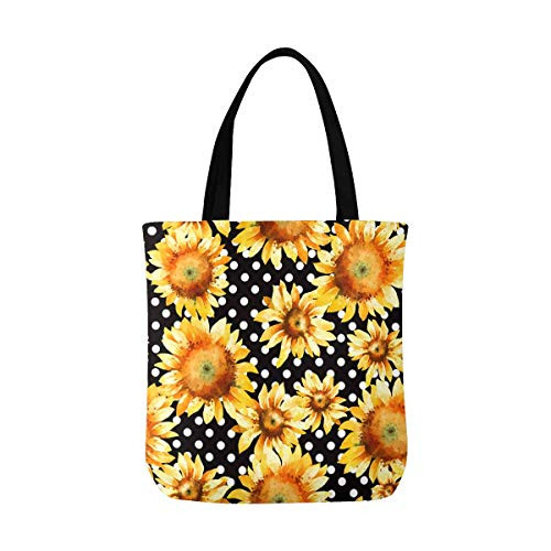 Sunflowers Watercolor Polka Dot Canvas Tote Bag Handbag Purse for Women