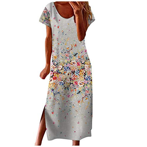 Womens Dresses-Summer Women Casual Gradient Print Round Neck Short Sleeve Split Dress Beach Dress White Womens Dresses-Summer Women Casual Gradient Print Round Neck Short Sleeve Split Dress Beach Dress White