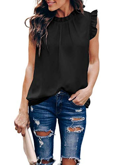 Diukia Sleeveless Blouses with Ruffles Women Flowy Chiffon Double Layer Tank Tops Casual Solid Color Flutter Blouse Ruffle Trim High Neck Sleeveless Shirts Summer Cute Womens Tanks Black L