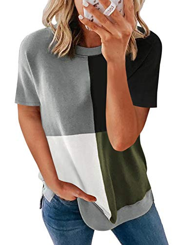 Diukia Tshirts for Womens Summer Cute Crewneck Color Block T-Shirt Loose Side Split Short Sleeve Tunic Tops Casual Round Neck Short Sleeve Tee Shirts for Teen Girls Juniors Ladies Green XL