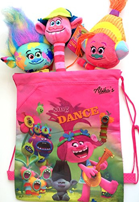Ajema Happy Trolls Cooper Harper DJ Suki. DreamWorks Trolls Movie 11" -12" Plush Dolls Set of 3, Comes in Fun Troll Drawstring Bag/Tote/Backpack. Bring Your Trolls with You Wherever You go.