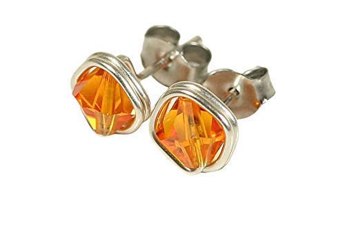 Sterling Silver Bright Orange Stud Earrings - Wire Wrapped Sun Swarovski Crystals Handmade Sterling Silver Bright Orange Stud Earrings - Wire Wrapped Sun Swarovski Crystals Handmade