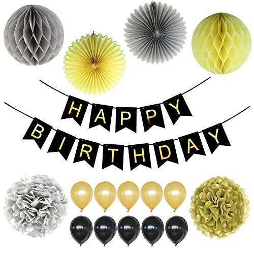 LOCCA Black and Gold Party Decorations 18th, 21st, 30th, 40th, 50th, 60th, 70th, 75th, 80th, 90th Birthday Party Supplies for Men Women Adult, Happy Birthday Banner and Balloons with Tissue Paper Pom LOCCA Black and Gold Party Decorations 18th, 21st, 30th, 40th, 50th, 60th, 70th, 75th, 80th, 90th Birthday Party Supplies for Men Women Adult, Happy Birthday Banner and Balloons with Tissue Paper Pom
