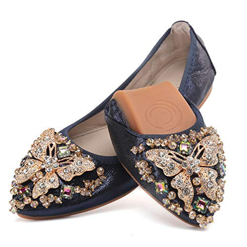 Cattle Shop Womens Foldable Ballet Flats Rhinestone Pointed Toe Comfortable Slip on Wedding Flat Shoes Dress Flats for Women Dark Blue US7