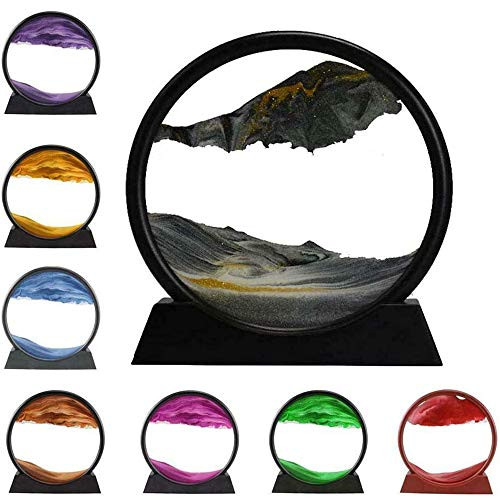 3D Dynamic Sand Art Liquid Motion- Moving Sand Art Picture Round Glass 3D Deep Sea Sandscape in Motion Display Flowing Sand Frame Relaxing Desktop Home Office Work Decor -Purple- 7''-